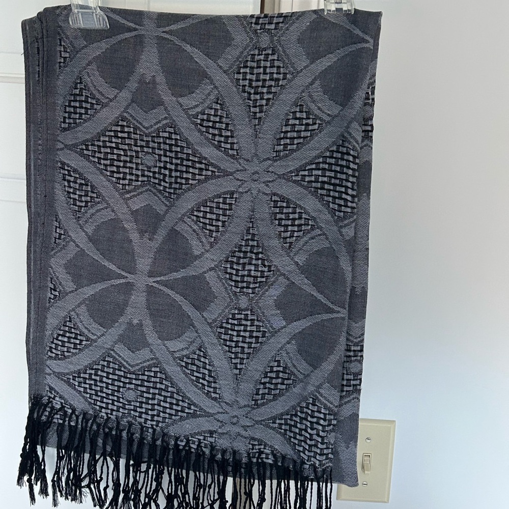 Chico's Charcoal Gray and Black Wrap/Scarf with black fringe.